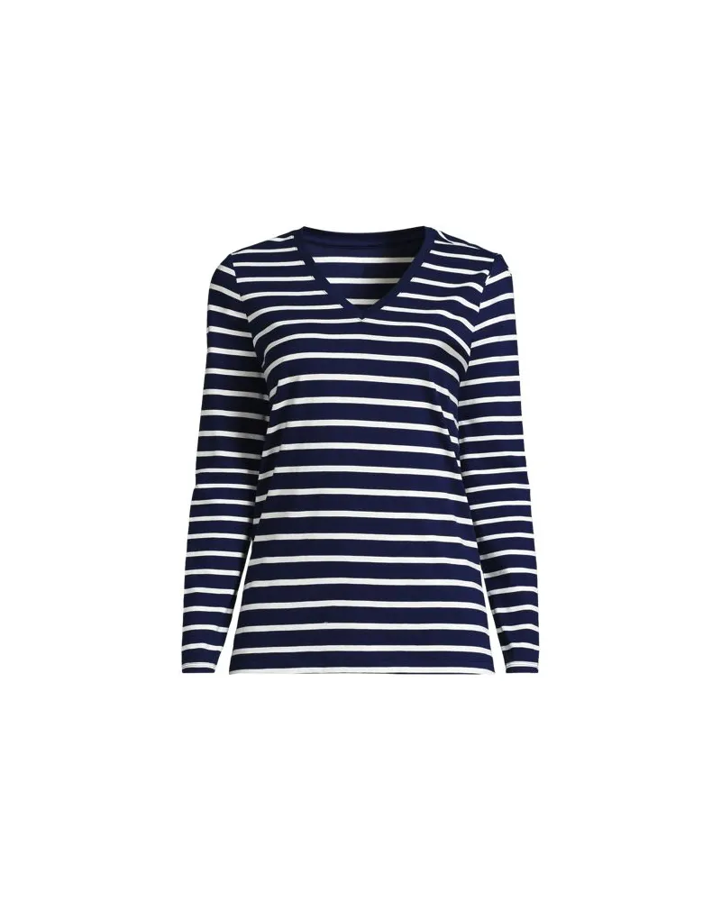 Lands' End Supima® Langarm-Shirt mit V-Ausschnitt, Damen, Größe regular, Blau, Baumwolle, by Blau