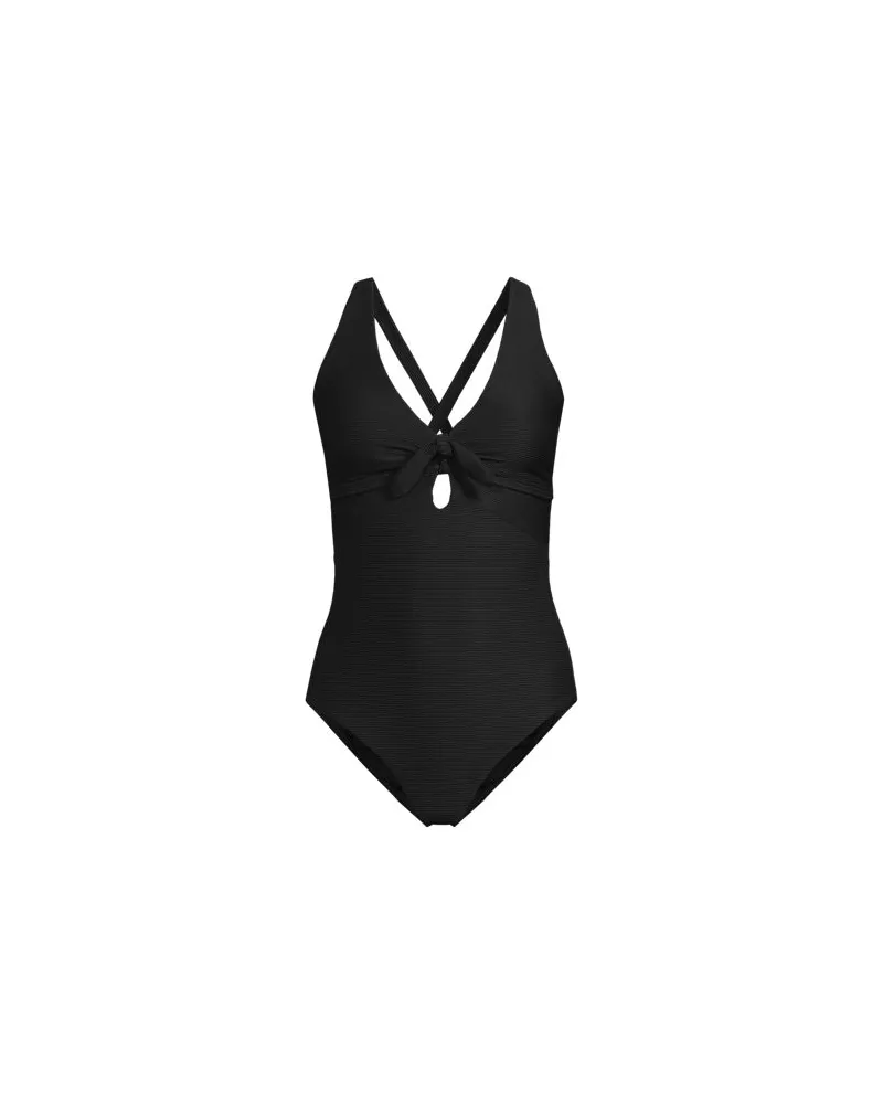 Lands' End Gerippter Badeanzug mit Schnürung am Rücken, hohes Bein, Damen, Größe:34 regular, Schwarz, Elasthan/Nylon-Mischung, by Schwarz