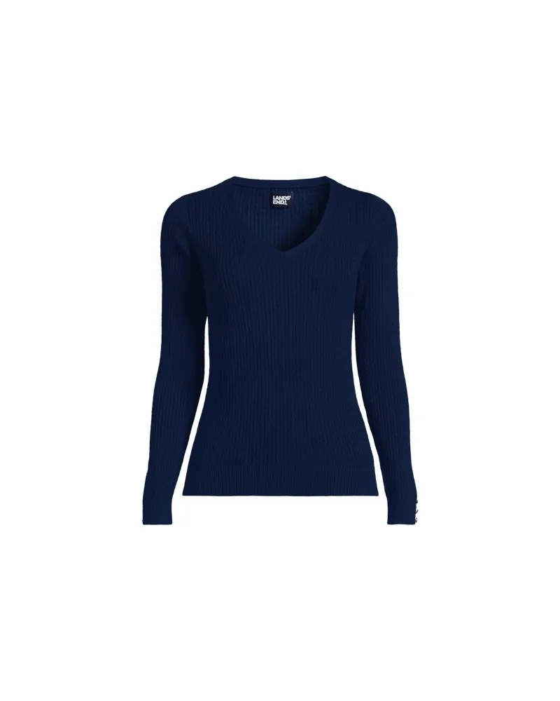 Lands' End Feinstrick-Zopfmusterpullover mit V-Ausschnitt, Damen, Größe:40-42 regular, Blau, Baumwolle, by Blau
