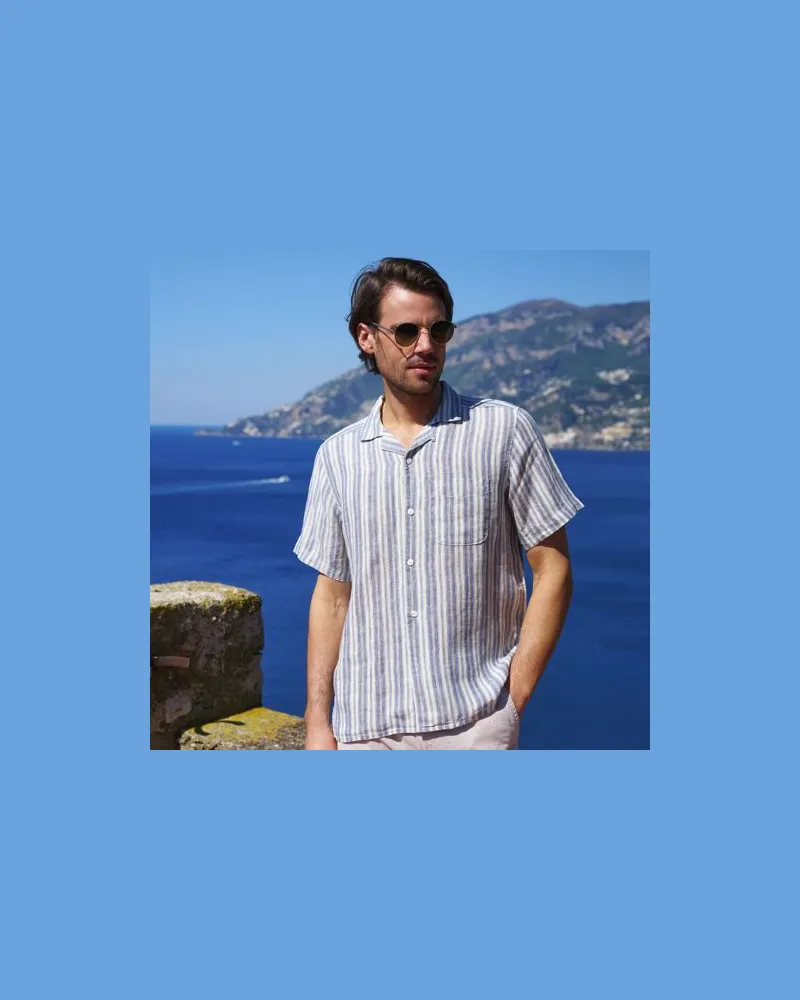 Lands' End Premium Reinleinen-Hemd mit Kuba-Kragen, Herren, Größe tall, Blau, Baumwolle/Leinen, by Blau