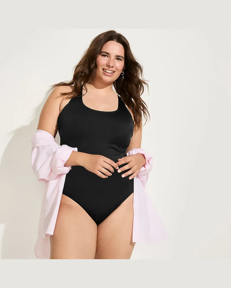 Lands' End Komfort-Badeanzug mit gekreuzten Trägern, hohes Bein,, Damen, Größe plus, Schwarz, Nylon-Mischung, by Schwarz