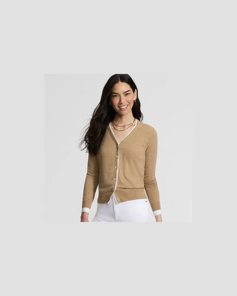 Lands' End Feinstrick-Baumwollcardigan mit unterlegtem Ausschnitt, Damen, Größe regular, Beige, Baumwolle, by Beige