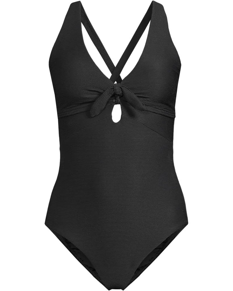 Lands' End Gerippter Badeanzug mit Schnürung am Rücken, hohes Bein, Damen, Größe:34 regular, Schwarz, Elasthan/Nylon-Mischung, by Schwarz