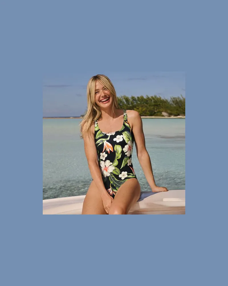 Lands' End Gemusterter Komfort-Badeanzug CHLORRESISTENT mit Soft Cups in Lang-Größe, Damen, Größe regular, Schwarz, Nylon-Mischung, by Schwarz