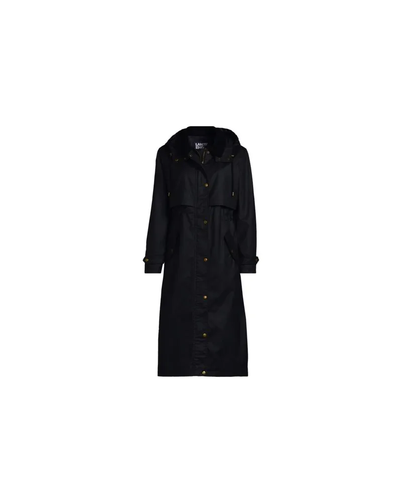 Lands' End Langer, gewachster Mantel mit Kapuze, Damen, Größe petite, Schwarz, Baumwolle/Polyester, by Schwarz