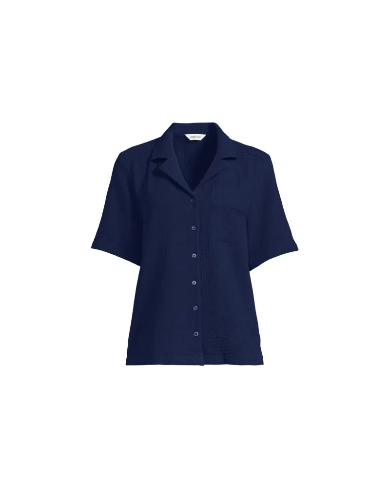 Lands' End Kurzärmelige Musselin-Bluse, Damen, Größe regular, Blau, Baumwolle, by Blau