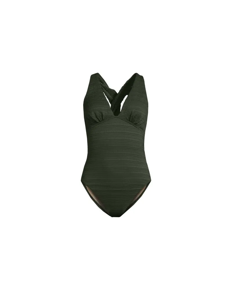Lands' End Seersucker-Badeanzug mit V-Ausschnitt und extrahohem Bein, Damen, Größe regular, Grün, Nylon-Mischung, by Grün