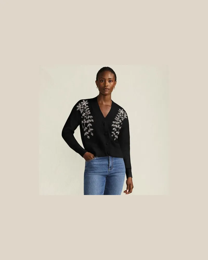 Lands' End Bestickter Cardigan mit V-Ausschnitt, Damen, Größe regular, Schwarz, Polyester/Polyacryl/Polyester-Mischung, by Schwarz