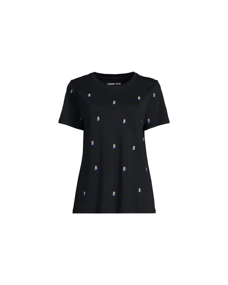 Lands' End Besticktes Supima Rundhalsshirt, Damen, Größe petite, Schwarz, Baumwolle, by Schwarz