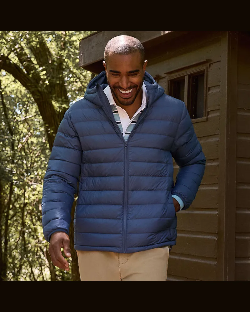 Lands' End Ultraleichte verstaubare Daunen-Kapuzenjacke WANDERWEIGHT, Herren, Größe regular, Blau, Polyester/Nylon, by Blau