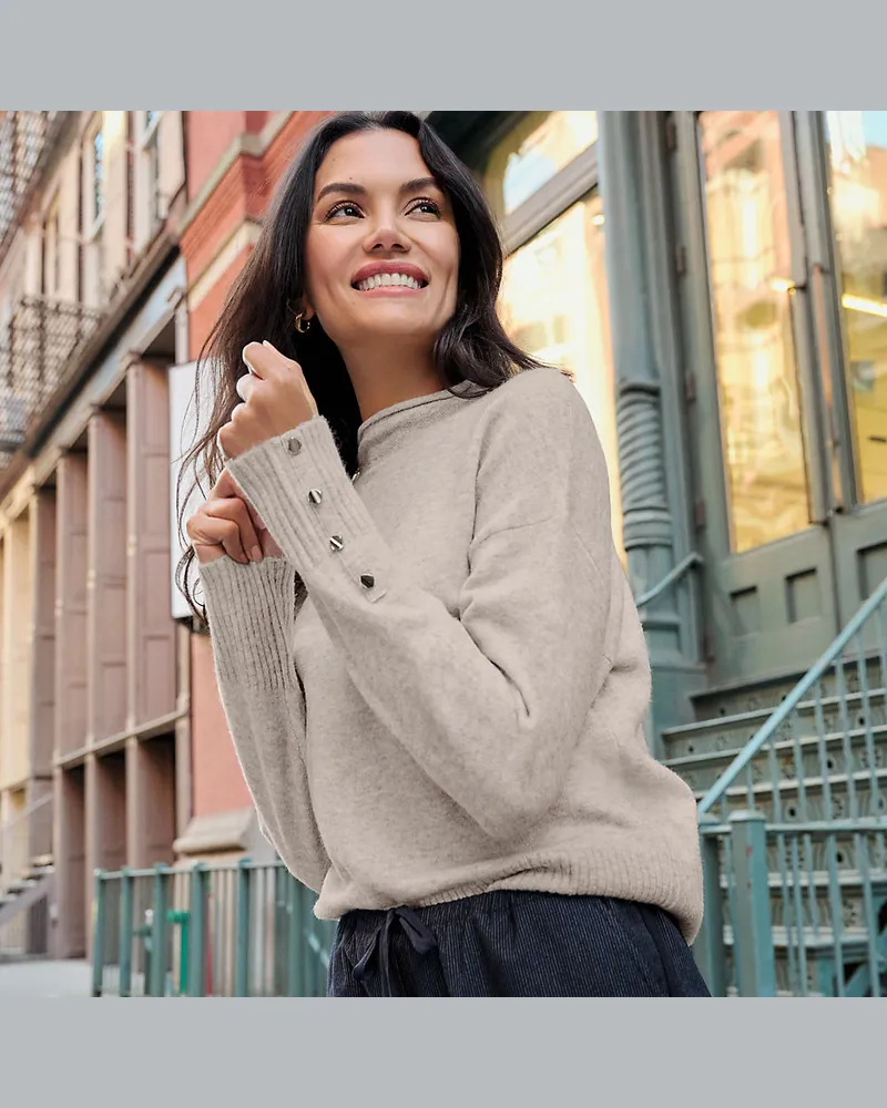 Lands' End Sot Touch Stehkragenpullover mit Ärmelknöpfen, Damen, Größe petite, Beige, Polyacryl/Woll-Mischung/Nylon-Mischung, by Beige