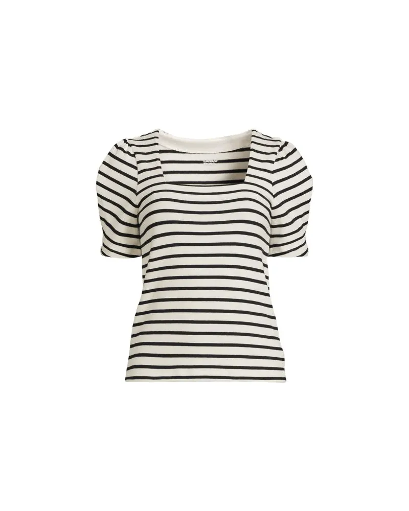 Lands' End Gestreiftes Baumwollshirt mit eckigem Ausschnitt und Puffärmeln, Damen, Größe regular, Weiß, Baumwolle, by Weiß