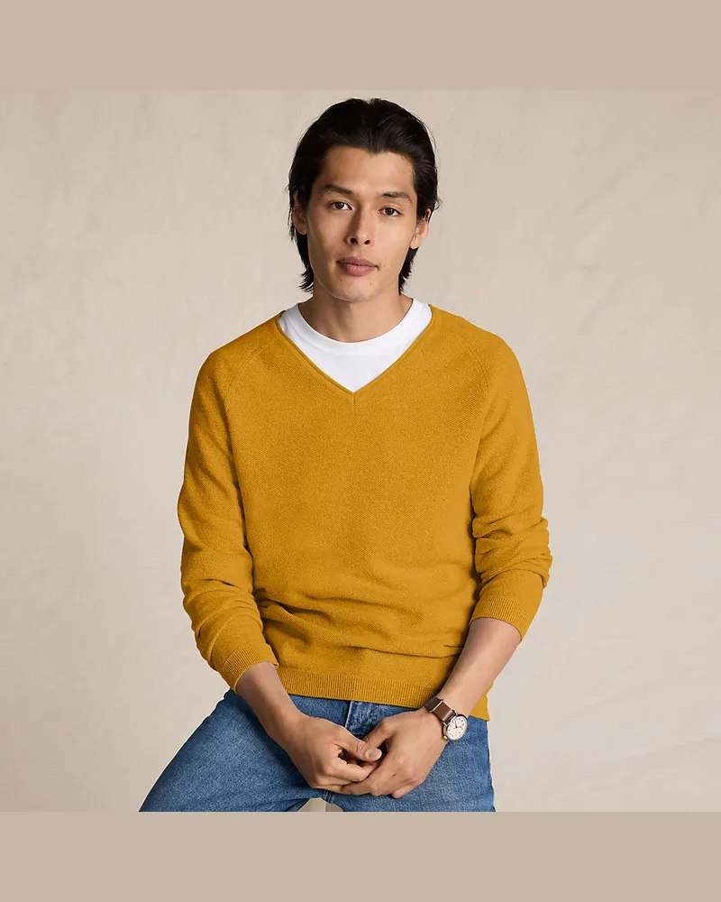 Lands' End Baumwoll-Pullover mit Struktur und V-Ausschnitt, Herren, Größe regular, Gelb, by Gelb