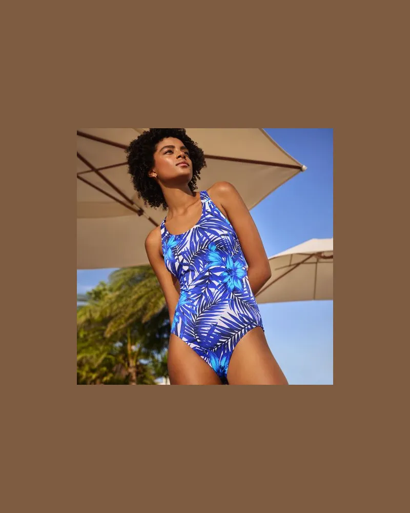 Lands' End Komfort-Badeanzug mit gekreuzten Trägern, hohes Bein, Damen, Größe:34 regular, Blau, Nylon-Mischung, by Blau