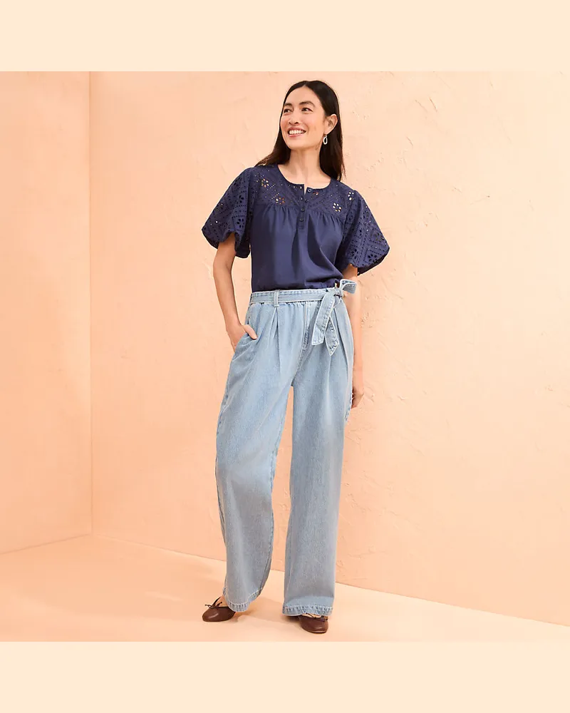 Lands' End Weite Paperbag-Jeans, Damen, Größe regular, Blau, Lyocell (Viskose)/Baumwoll-Mischung, by Blau