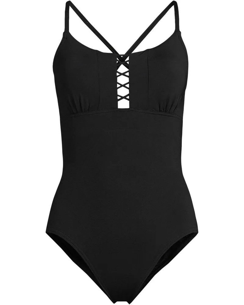 Lands' End Badeanzug mit Schnürung, Damen, Größe plus, Schwarz, Nylon-Mischung, by Schwarz
