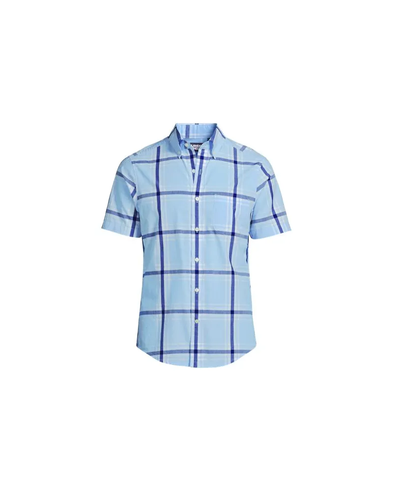 Lands' End Gemustertes Popelin-Kurzarmhemd, Classic Fit, Herren, Größe:56-58 regular, Blau, Baumwolle, by Blau