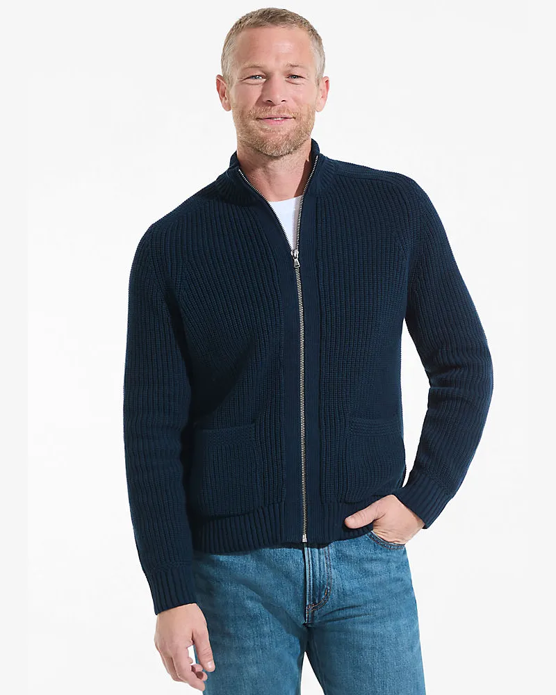 Lands' End Drifter Cardigan mit Reißverschluss, Herren, Größe regular, Blau, Baumwolle, by Blau