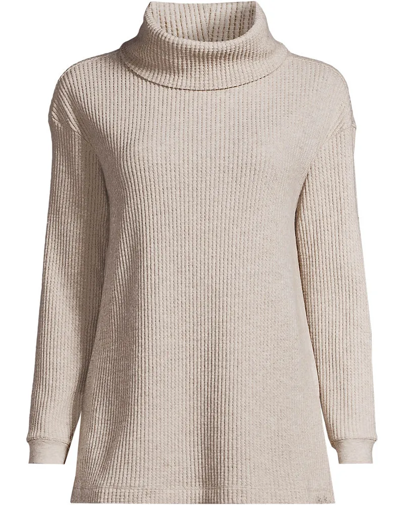 Lands' End Langer Waffelstrick-Pullover mit Wasserfallkragen, Damen, Größe regular, Grau, Baumwoll-Mischung/Polyester-Mischung, by Grau