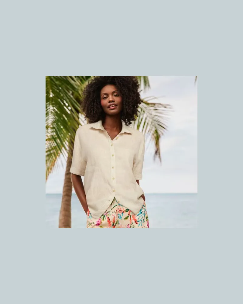 Lands' End Kurzarm-Leinenbluse mit Dolmanärmeln, Damen, Größe regular, Beige, Leinen, by Beige