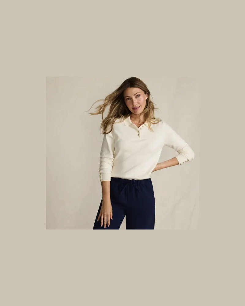 Lands' End Polopullover mit goldfarbenen Knöpfen, Damen, Größe regular, Weiß, Polyester/Viskose/Polyester-Mischung, by Weiß