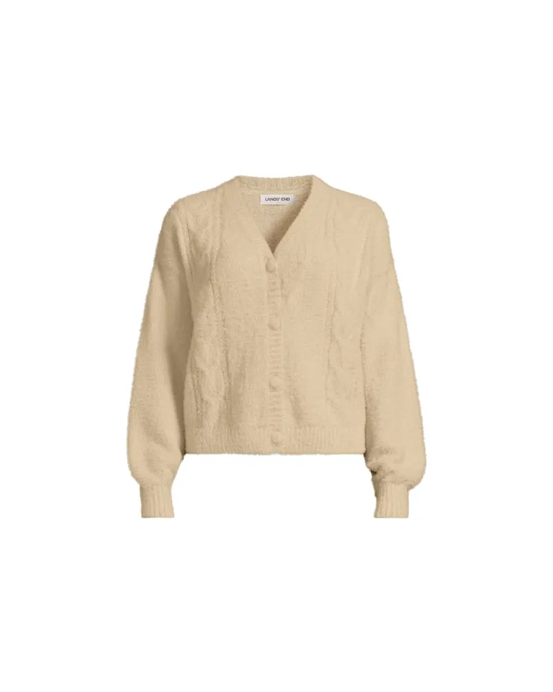 Lands' End Zopfmuster-Cardigan aus Wimperngarn, Damen, Größe petite, Weiß, by Weiß