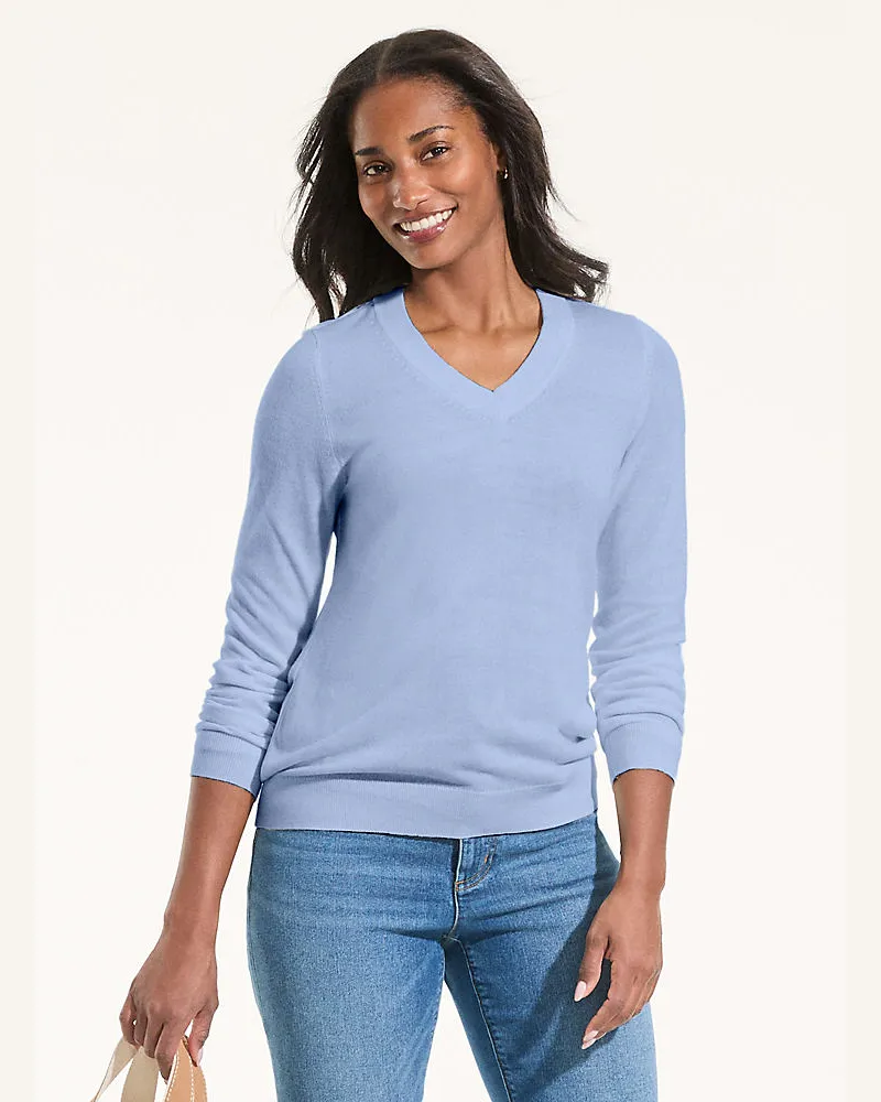 Lands' End CashTouch Pullover mit V-Ausschnitt, Damen, Größe petite, Blau, Polyacryl, by Blau