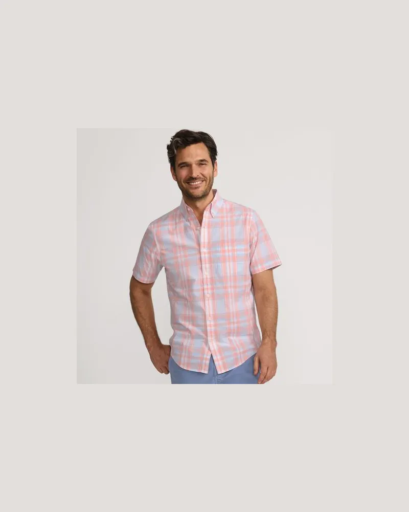 Lands' End Gemustertes Popelin-Kurzarmhemd, Classic Fit, Herren, Größe:52-54 regular, Blau, Baumwolle, by Blau