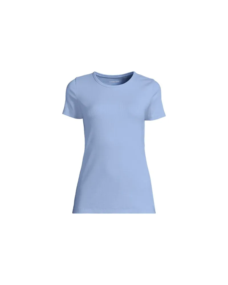 Lands' End Feinripp-Shirt mit Rundhalsausschnitt und kurzen Ärmeln, Damen, Größe regular, Blau, Baumwolle/Elasthan, by Blau