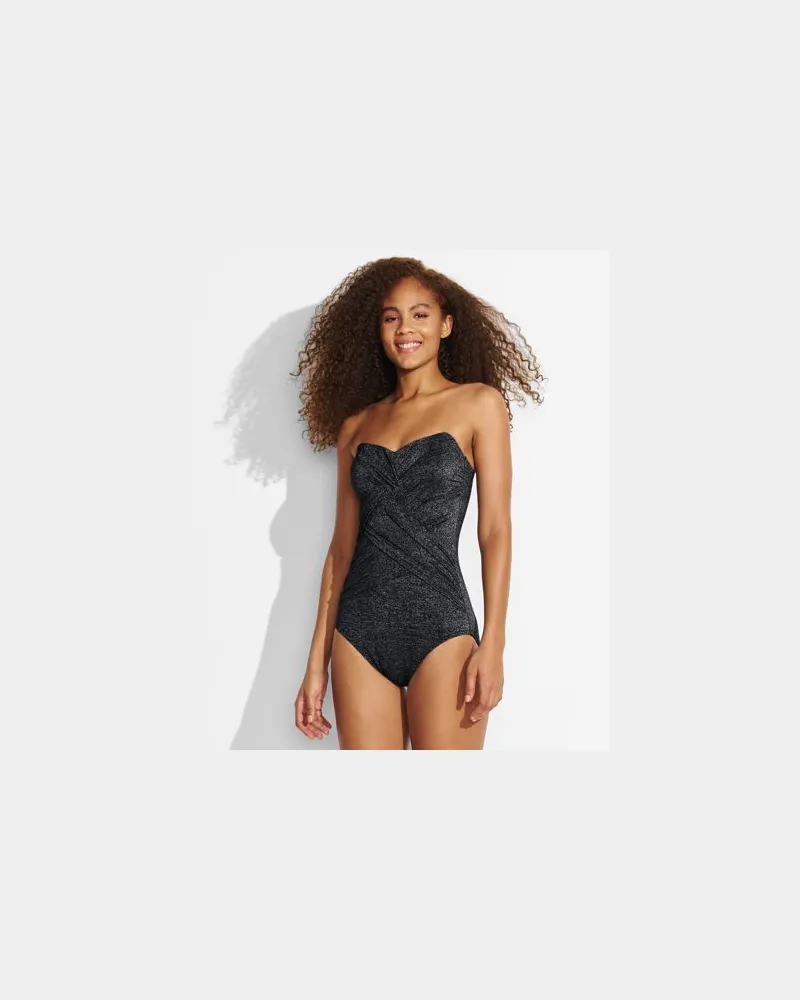 Lands' End Glitzer-Bandeau-Badeanzug SLENDER, Damen, Größe regular, Schwarz, Elasthan/Polyester-Mischung/Nylon-Mischung, by Schwarz