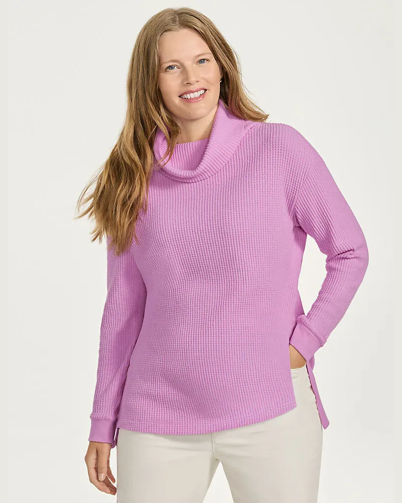Lands' End Langer Waffelstrick-Pullover mit Wasserfallkragen, Damen, Größe petite, Pink, Baumwoll-Mischung/Polyester-Mischung, by Pink