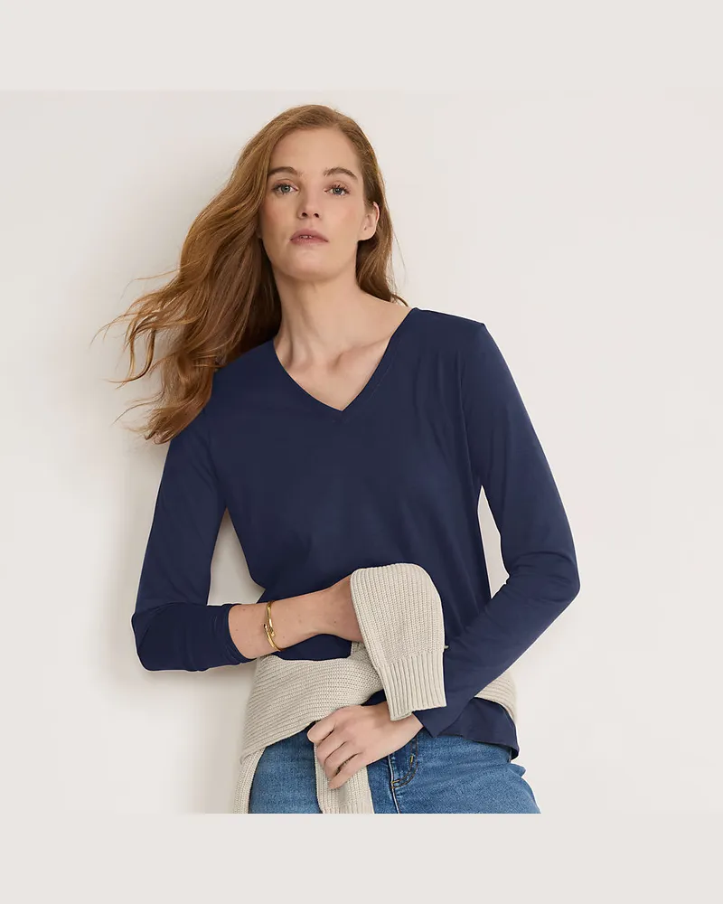 Lands' End Supima® Langarm-Shirt mit V-Ausschnitt, Damen, Größe petite, Blau, Baumwolle, by Blau