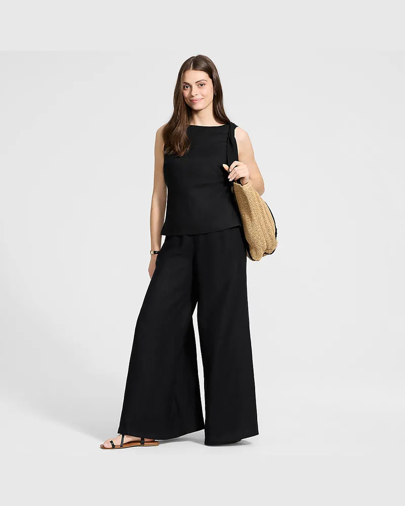 Lands' End Premium Reinleinen-Palazzohose, Damen, Größe petite, Schwarz, Leinen, by Schwarz