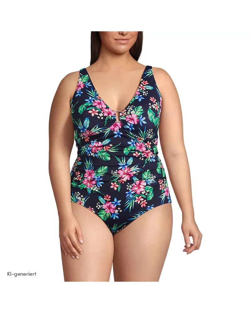 Lands' End Badeanzug mit Ringdetail und V-Ausschnitt, Damen, Größe plus, Blau, Nylon-Mischung, by Blau
