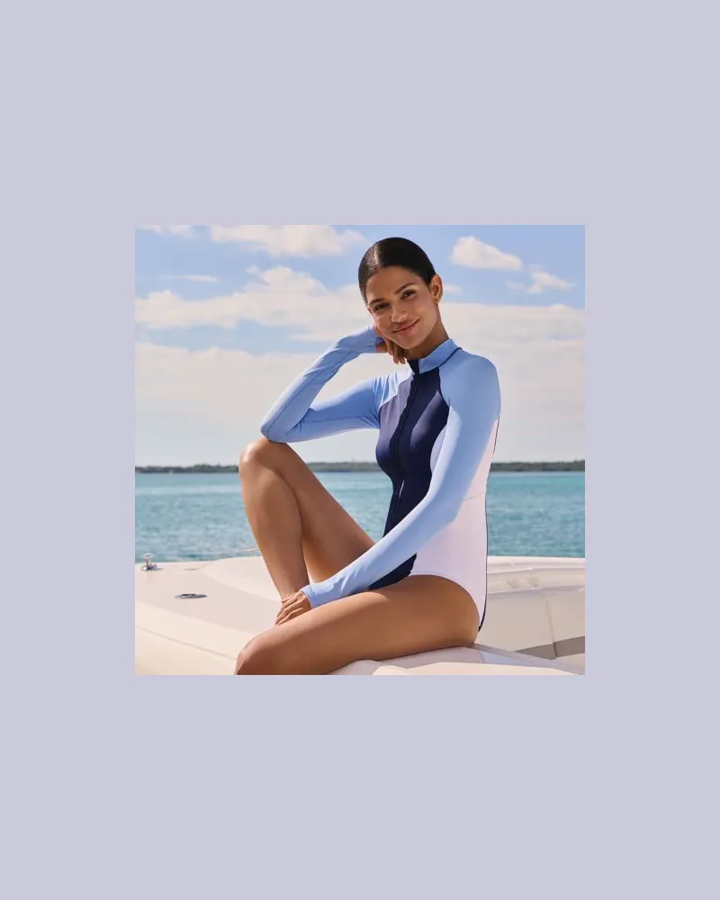 Lands' End Langärmeliger Komfort-Badeanzug, Damen, Größe regular, Blau, Elasthan/Nylon-Mischung, by Blau