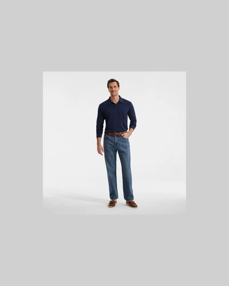 Lands' End Supima Langarm-Poloshirt mit offenem Kragen, Herren, Größe:60 regular, Blau, Baumwolle, by Blau