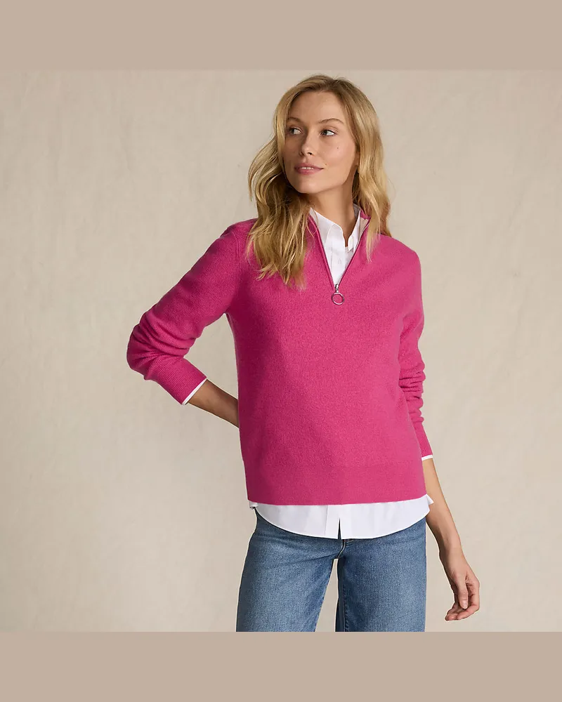 Lands' End Merino-Pullover mit Reißverschluss, Damen, Größe regular, Pink, Wolle, by Pink
