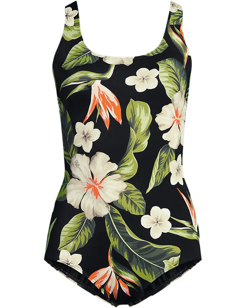 Lands' End Gemusterter Komfort-Badeanzug CHLORRESISTENT mit Soft Cups, Damen, Größe plus, Schwarz, Nylon-Mischung, by Schwarz