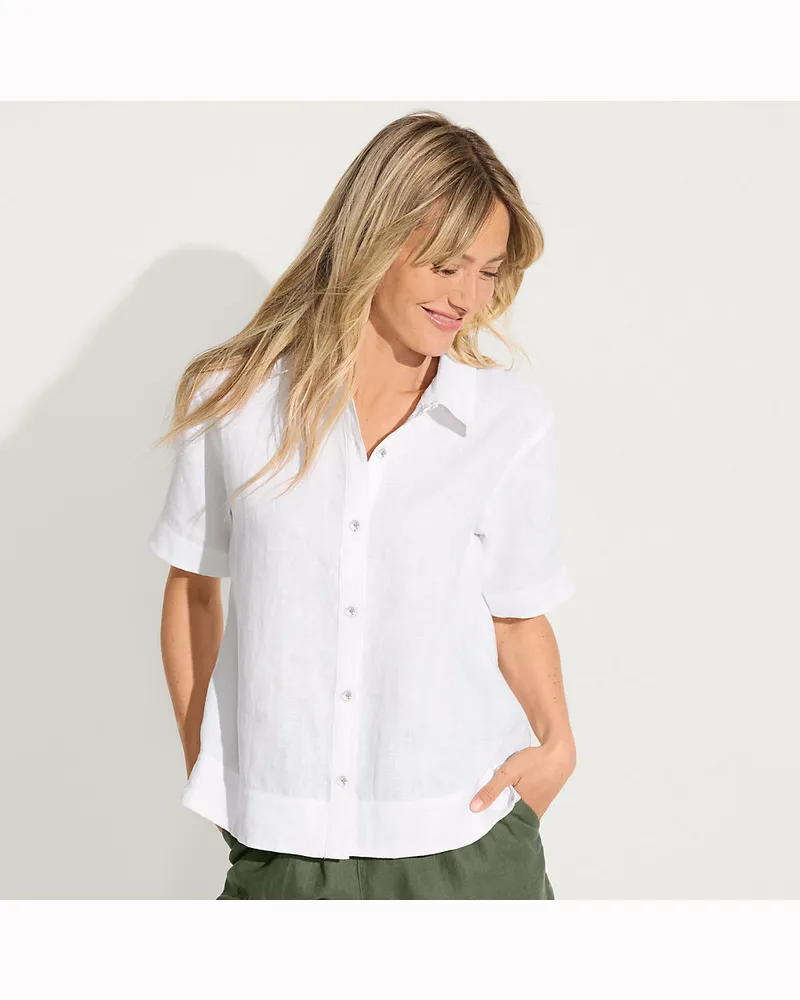 Lands' End Premium Reinleinen-Hemd mit kurzen Ärmeln, Damen, Größe petite, Weiß, Leinen, by Weiß