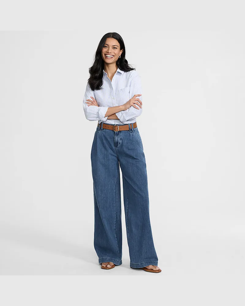 Lands' End Leichte Bundfalten-Jeans mit weitem Bein, Damen, Größe regular, Blau, Baumwolle, by Blau