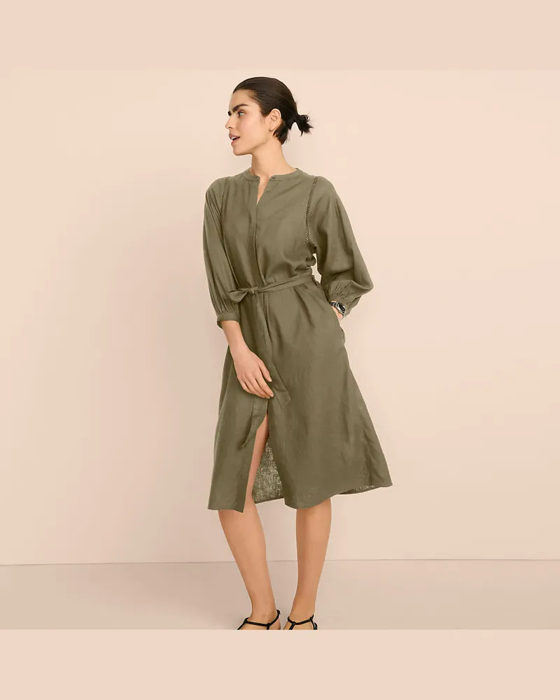 Lands' End Leinenmix-Kleid mit Ajourdetail, Damen, Größe regular, Grün, Leinen/Viskose, by Grün