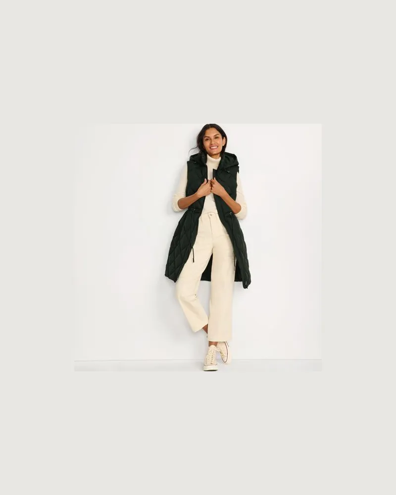 Lands' End Lange Steppweste mit geraffter Taille, Damen, Größe regular, Grün, Polyester, by Grün