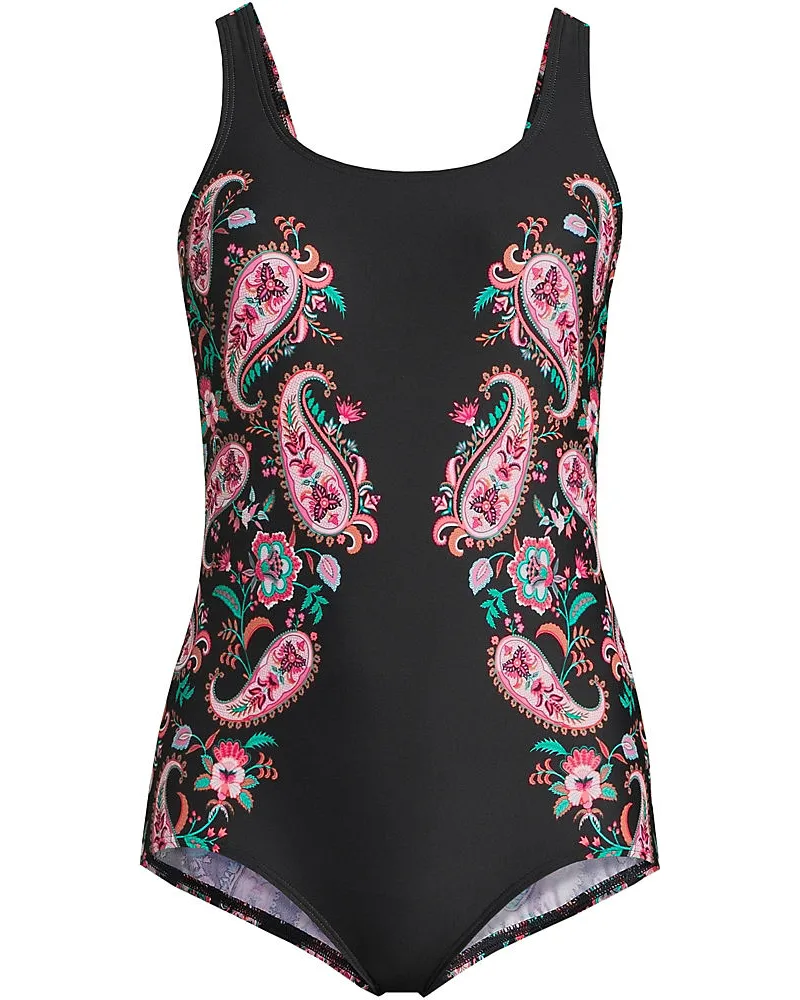 Lands' End Gemusterter Komfort-Badeanzug CHLORRESISTENT mit Soft Cups, Damen, Größe regular, Schwarz, Nylon-Mischung, by Schwarz