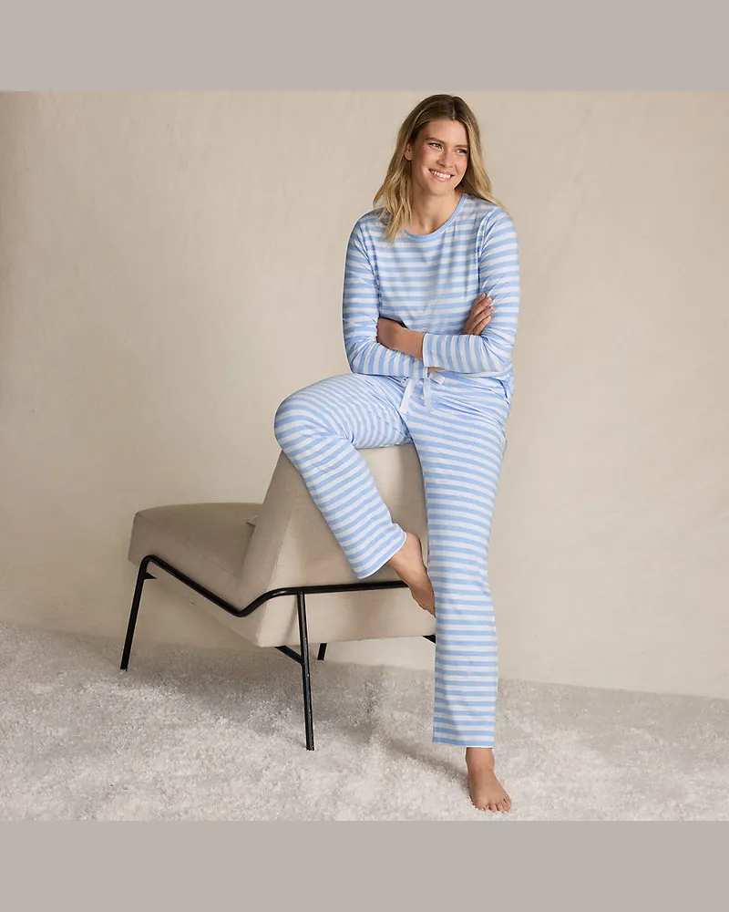 Lands' End Gemustertes Pyjama-Set aus Baumwoll-Jersey, Damen, Größe petite, Blau, Elasthan/Baumwoll-Mischung, by Blau
