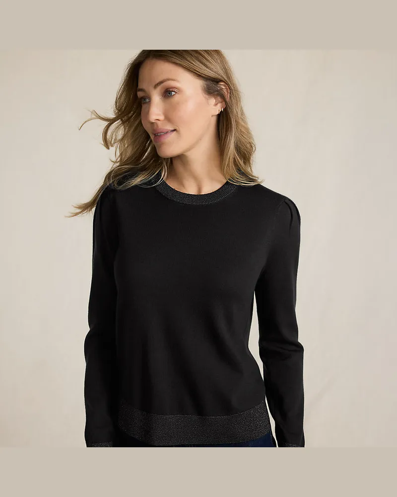 Lands' End Merino-Pullover mit Lurex-Ausschnitt, Damen, Größe petite, Schwarz, Wolle, by Schwarz
