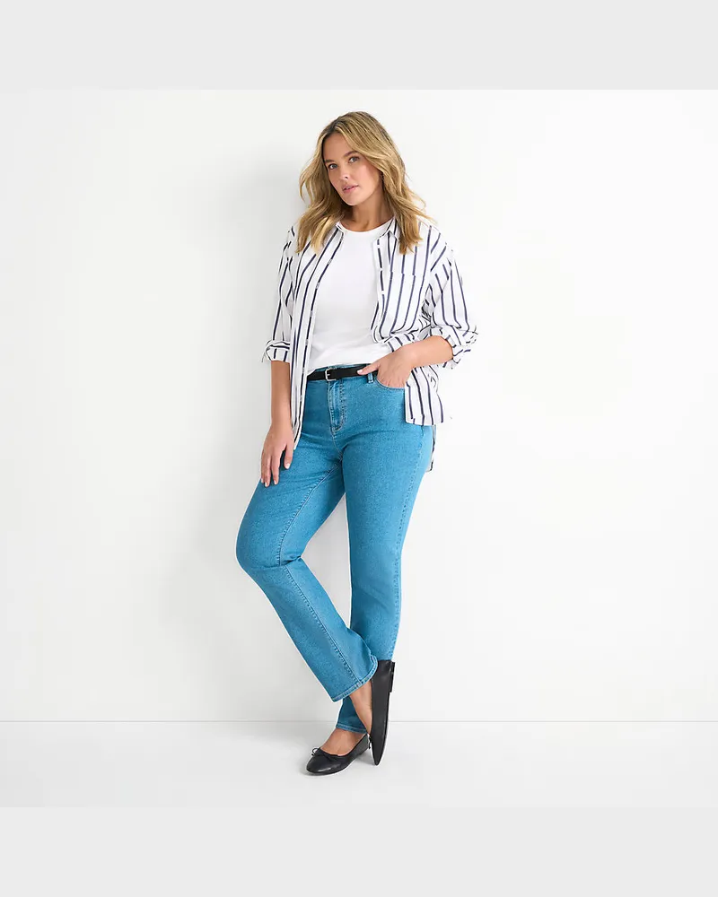 Lands' End Straight Fit Recover Jeans Mid Waist, Damen, Größe plus, Blau, Elasthan/Baumwoll-Mischung/Polyester-Mischung, by Blau