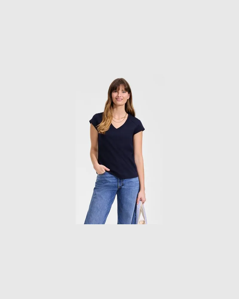 Lands' End Supima-Shirt mit V-Ausschnitt und Kappärmeln, Damen, Größe:44-46 petite, Blau, by Blau