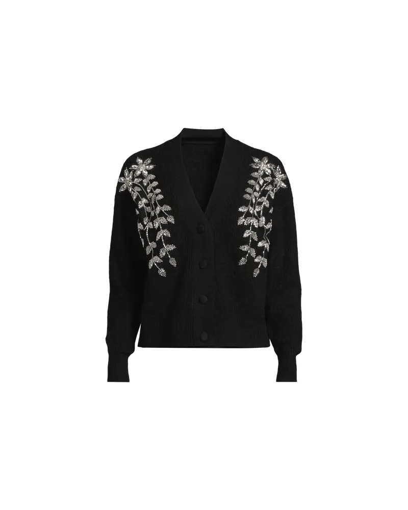 Lands' End Bestickter Cardigan mit V-Ausschnitt, Damen, Größe petite, Schwarz, Polyester/Polyacryl/Polyester-Mischung, by Schwarz