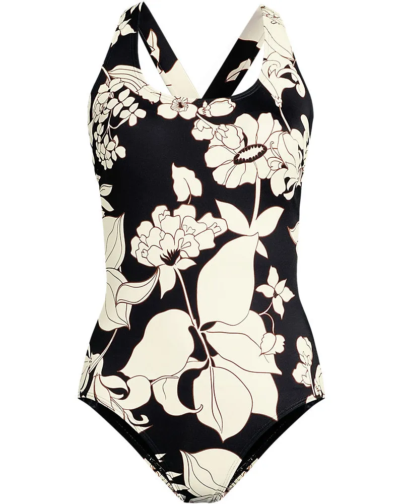 Lands' End Komfort-Badeanzug mit gekreuzten Trägern, hohes Bein, Damen, Größe regular, Schwarz, Nylon-Mischung, by Schwarz