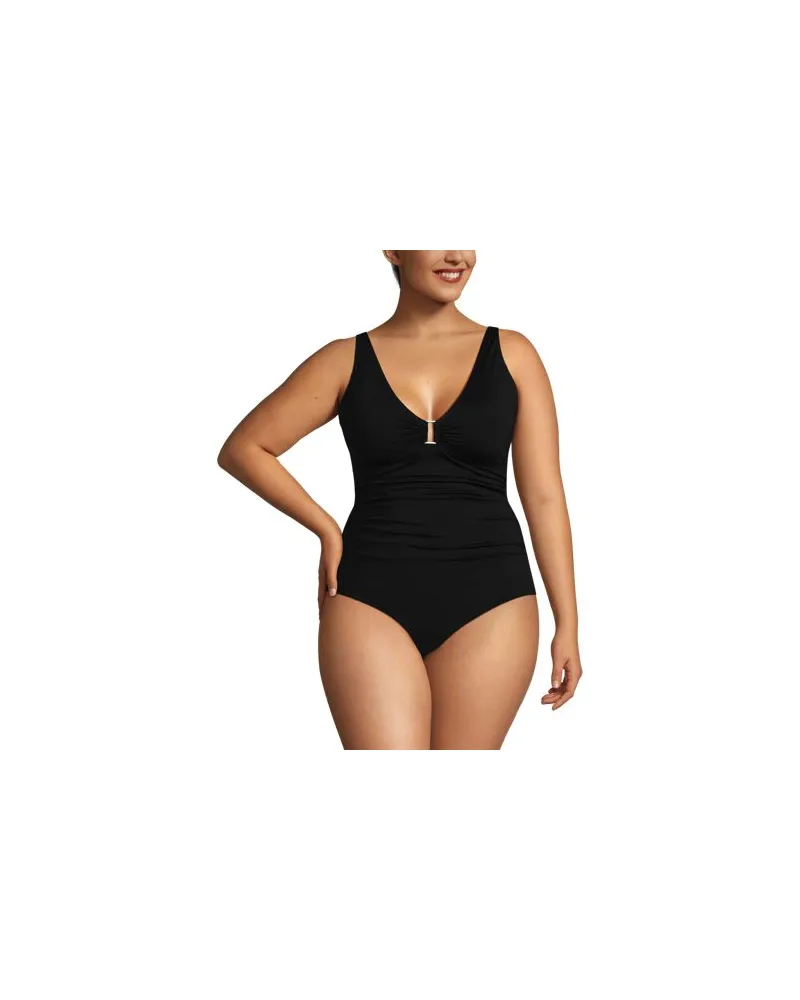 Lands' End Badeanzug mit Ringdetail und V-Ausschnitt, Damen, Größe plus, Schwarz, Nylon-Mischung, by Schwarz